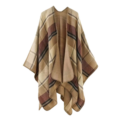 Cozy Plaid Boho Shawl, Neutral Check Cape Wrap