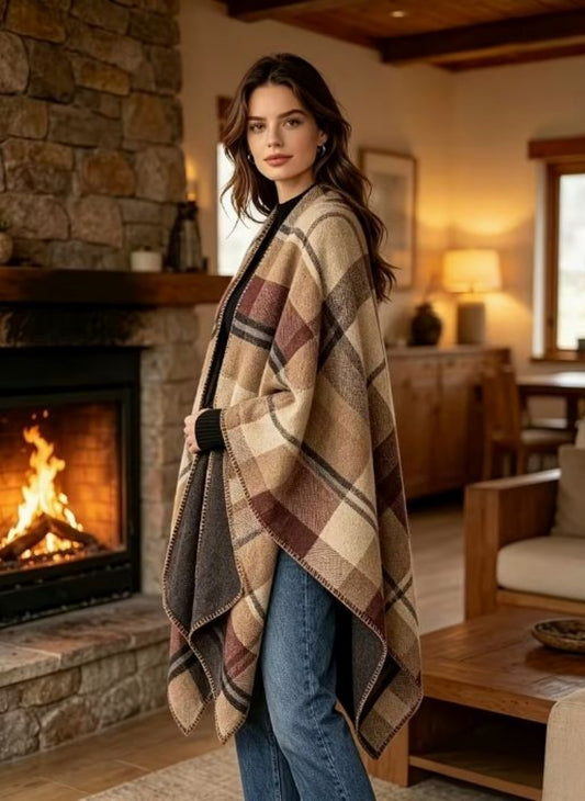 Cozy Plaid Boho Shawl, Neutral Check Cape Wrap
