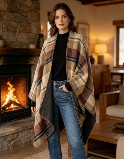 Cozy Plaid Boho Shawl, Neutral Check Cape Wrap