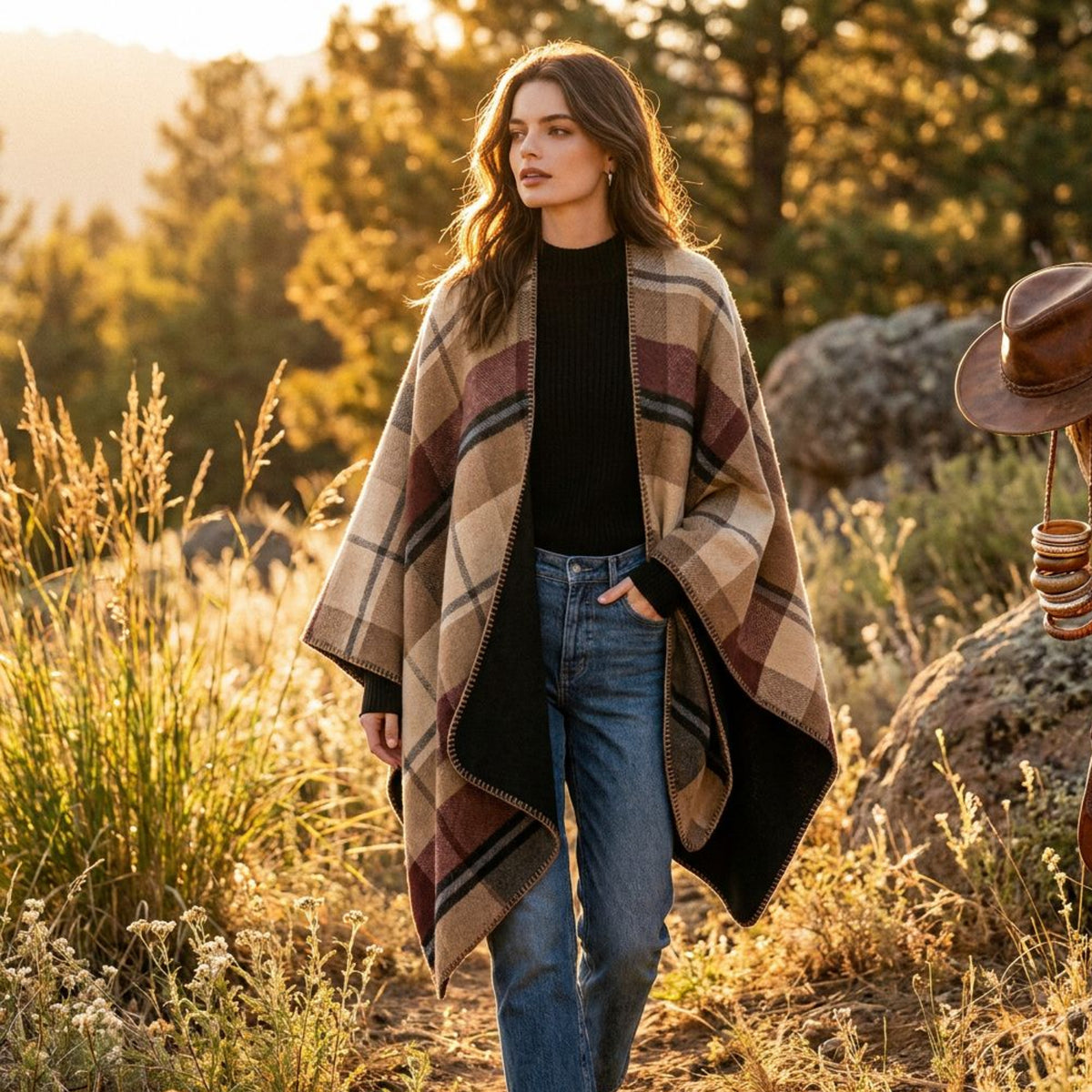 Cozy Plaid Boho Shawl, Neutral Check Cape Wrap