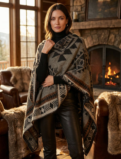 Boho Geometric Cape Shawl, Autumn/Winter Earth-Tone Southwestern-Inspired Wrap