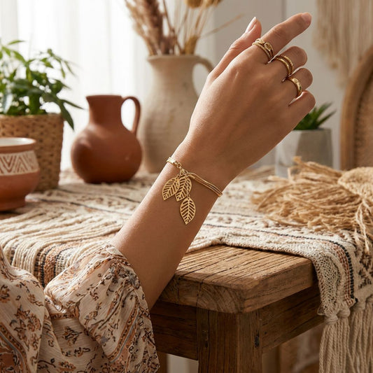 Golden Three Leaf Charm Bracelet, Boho Nature-Inspired Jewelry