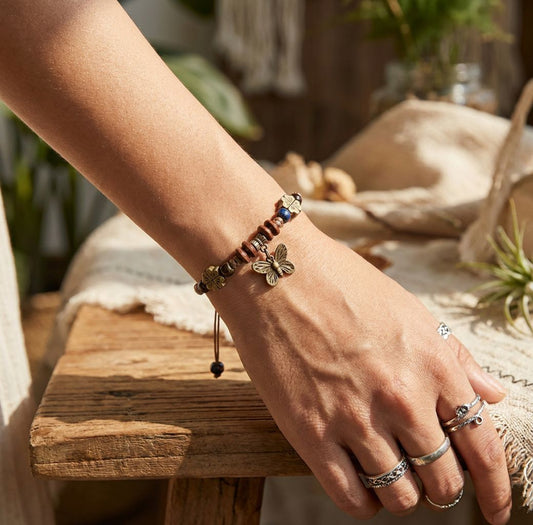 Free Spirit Butterfly Charm Bracelet, Rustic Boho Beaded Jewelry