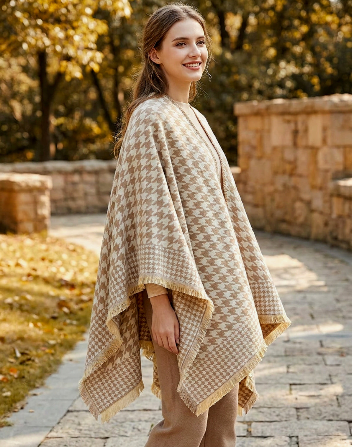Neutral Houndstooth Boho Shawl, Soft Cape Wrap with Fringe