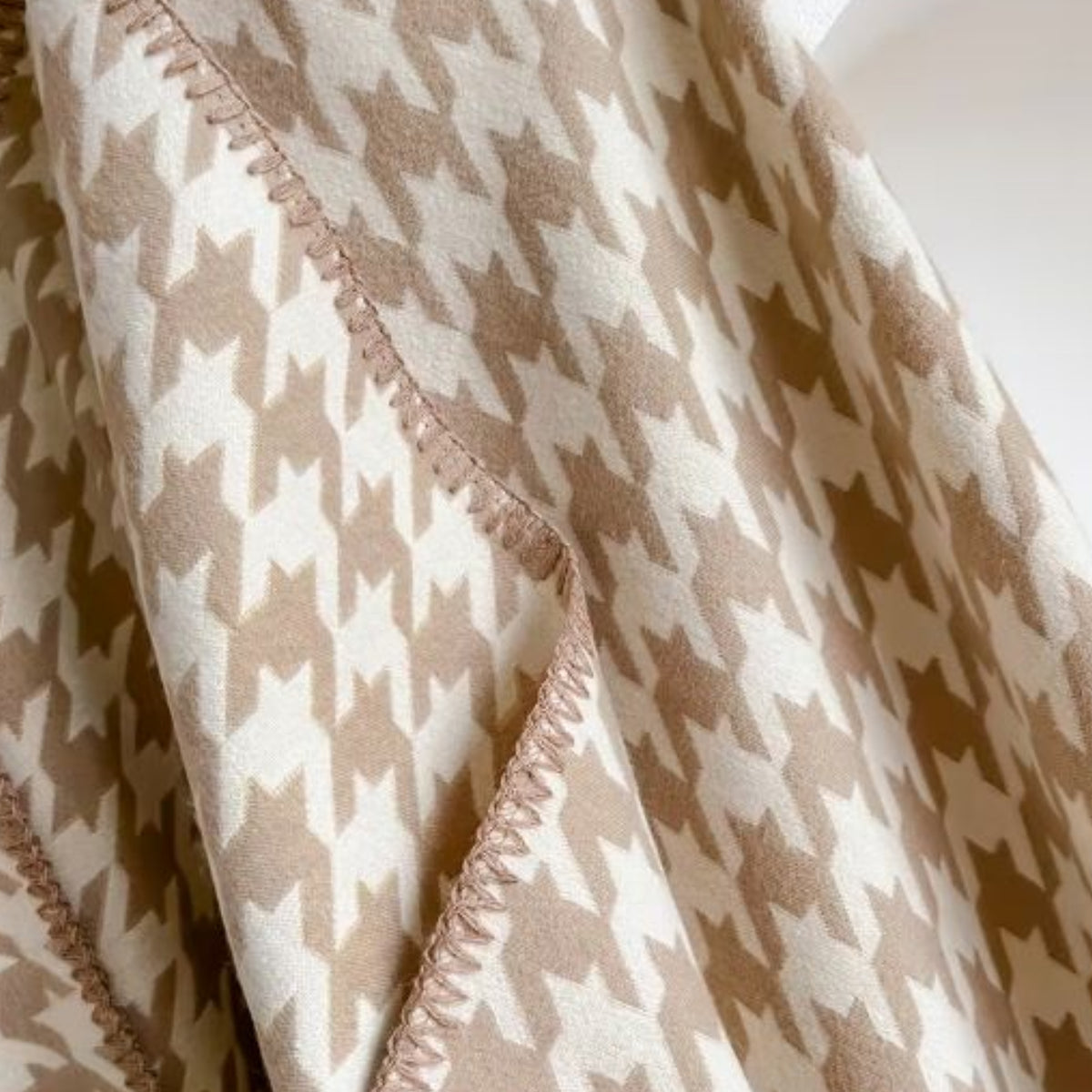Neutral Houndstooth Boho Shawl, Soft Cape Wrap with Fringe