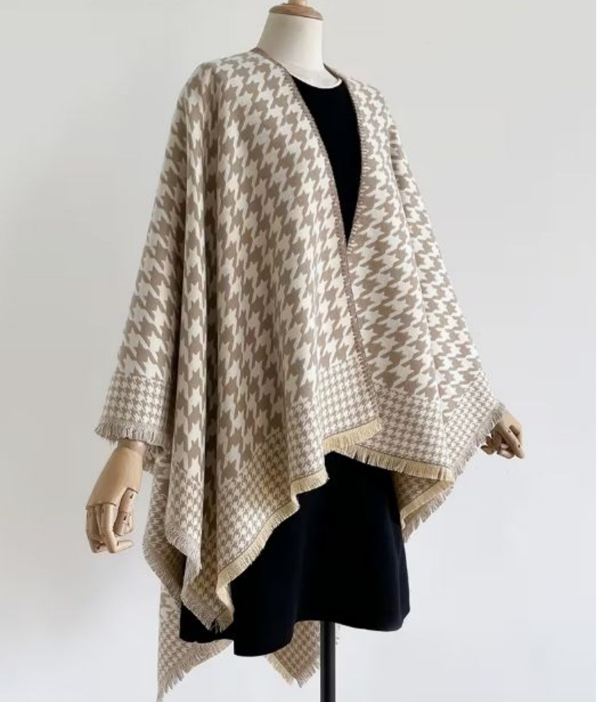 Neutral Houndstooth Boho Shawl, Soft Cape Wrap with Fringe
