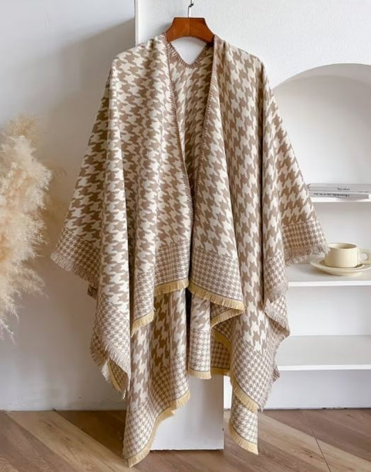 Neutral Houndstooth Boho Shawl, Soft Cape Wrap with Fringe