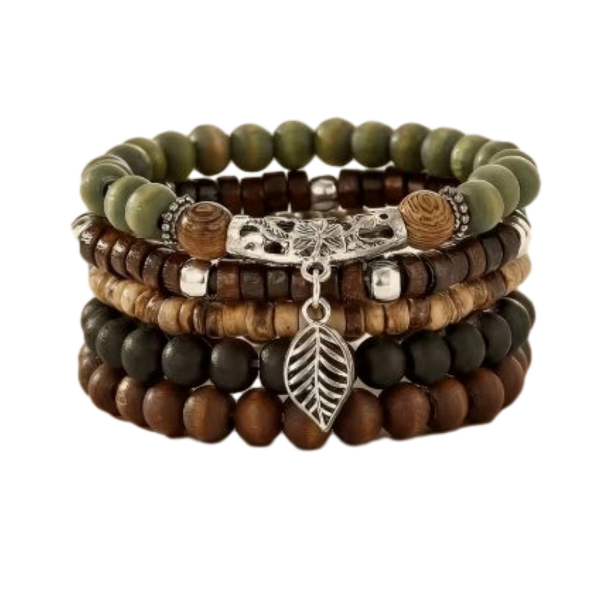 Wanderer Leaf Charm Bracelet Set, Earthy Boho Beaded Jewelry