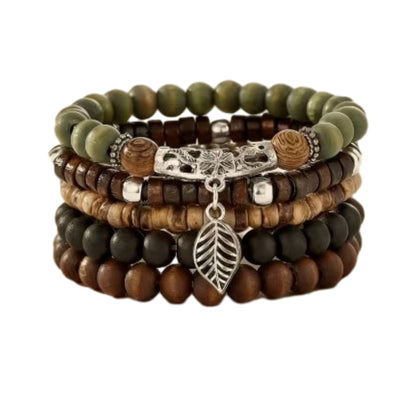 Wanderer Leaf Charm Bracelet Set, Earthy Boho Beaded Jewelry