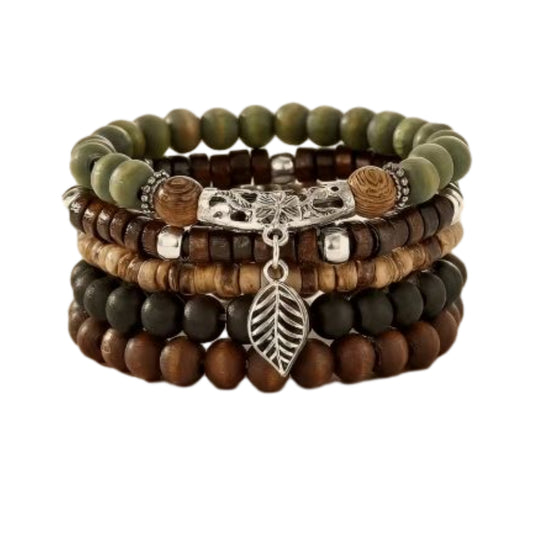 Wanderer Leaf Charm Bracelet Set, Earthy Boho Beaded Jewelry