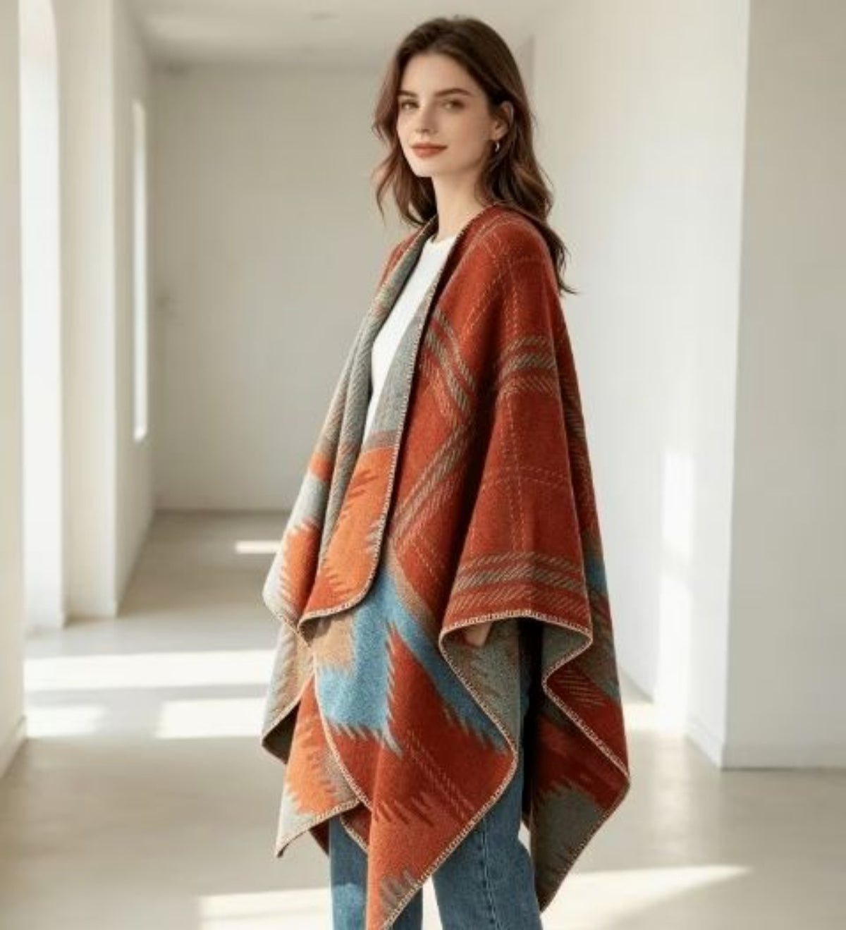 Reversible Boho Geometric Shawl | Earthy Aztec Cape Wrap