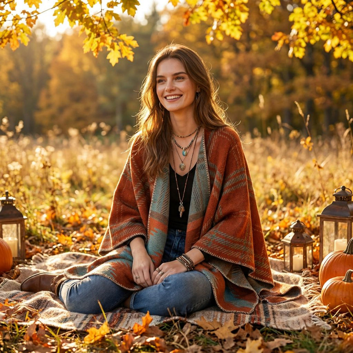 Reversible Boho Geometric Shawl | Earthy Aztec Cape Wrap