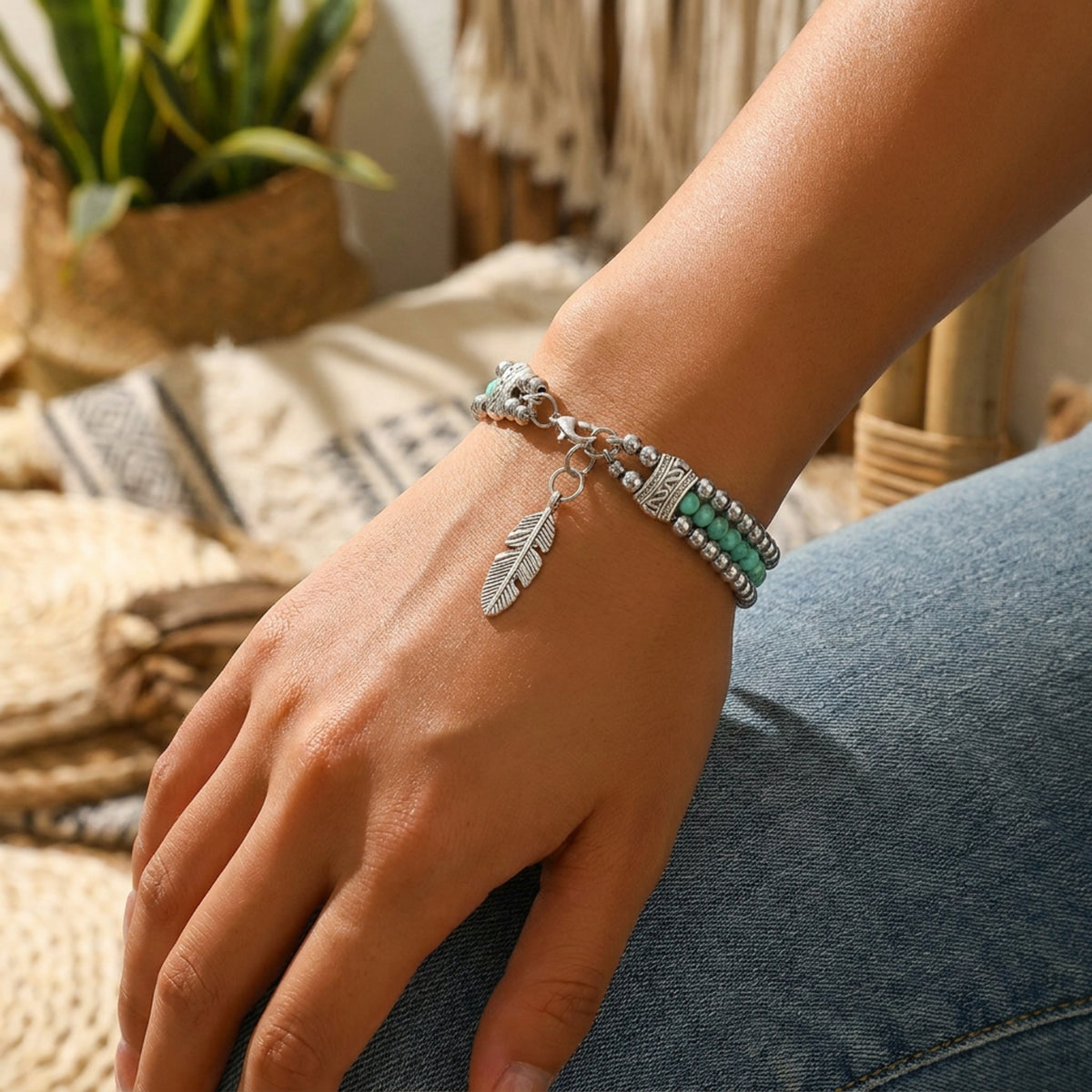 Turquoise Colored Beaded Feather Charm Bracelet, Boho Design