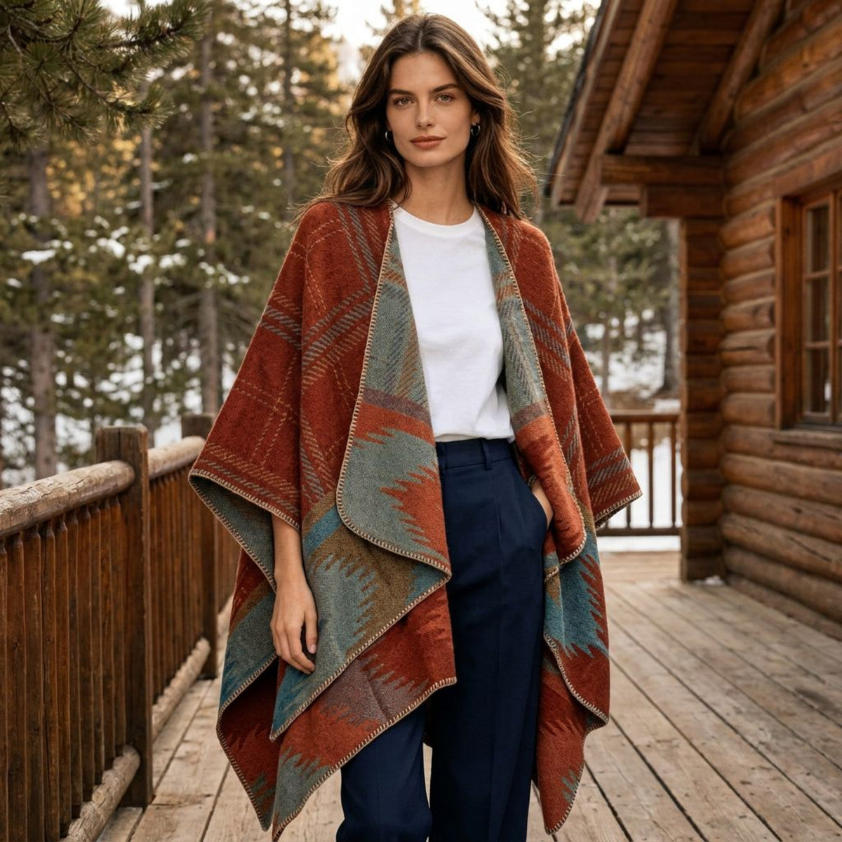 Reversible Boho Geometric Shawl | Earthy Aztec Cape Wrap