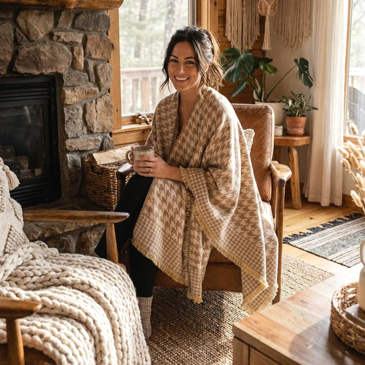 Neutral Houndstooth Boho Shawl, Soft Cape Wrap with Fringe