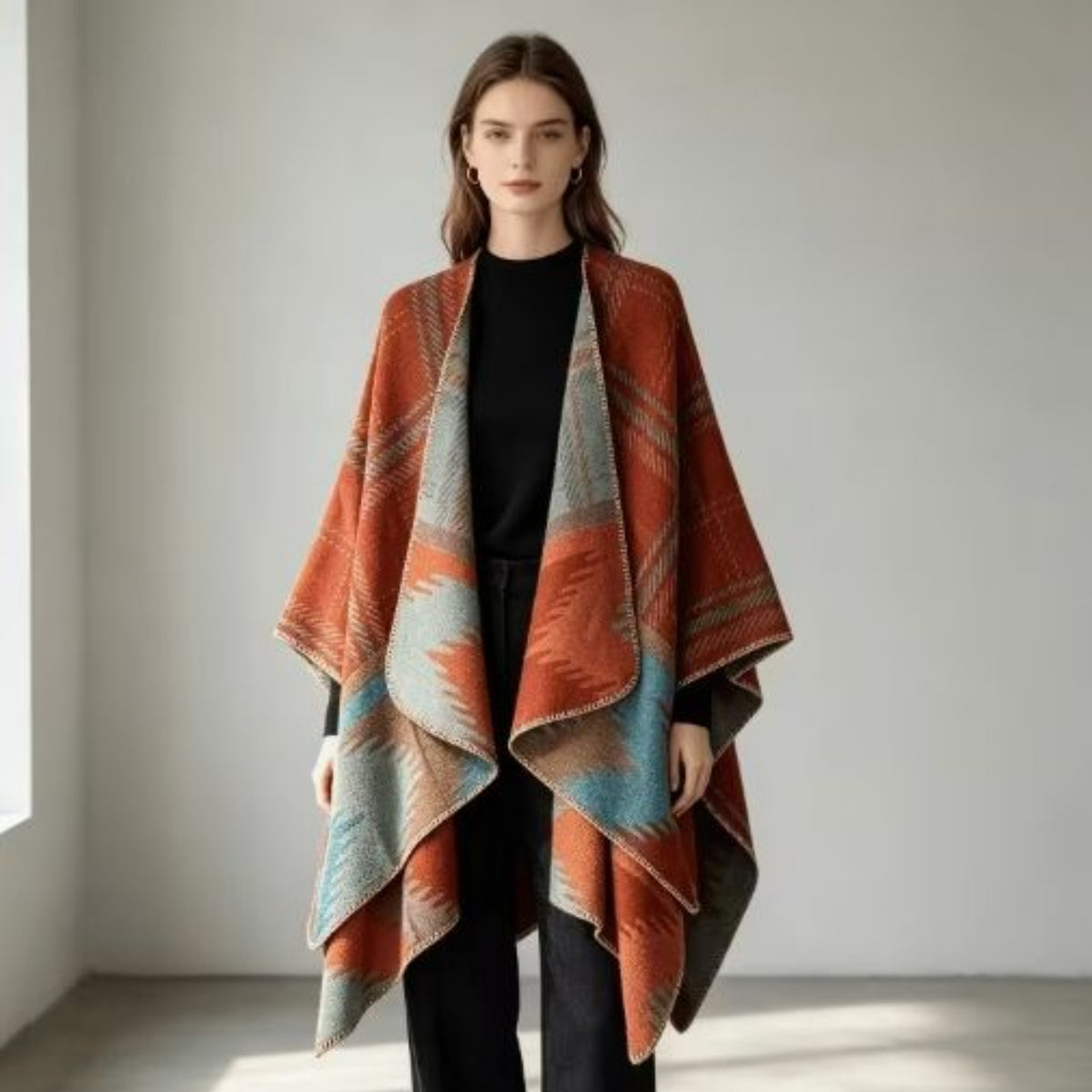 Reversible Boho Geometric Shawl | Earthy Aztec Cape Wrap