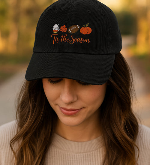 Embroidered Tis The Season Vintage Corduroy Cap, Fall Coffee, Football & Pumpkin Hat