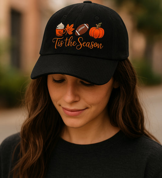 Embroidered Tis The Season Vintage Corduroy Cap, Fall Coffee, Football & Pumpkin Hat
