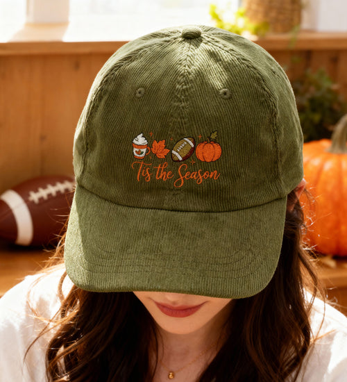 Embroidered Tis The Season Vintage Corduroy Cap, Fall Coffee, Football & Pumpkin Hat