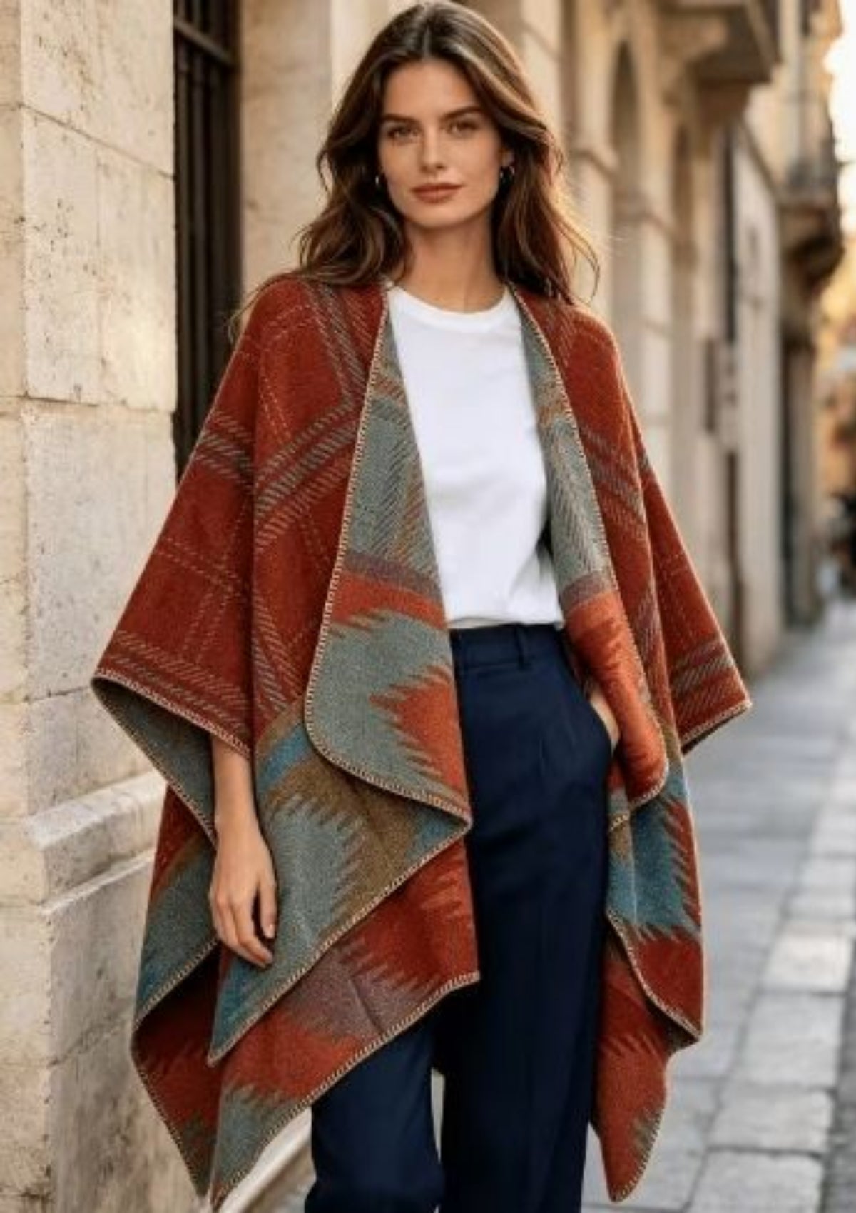 Reversible Boho Geometric Shawl | Earthy Aztec Cape Wrap