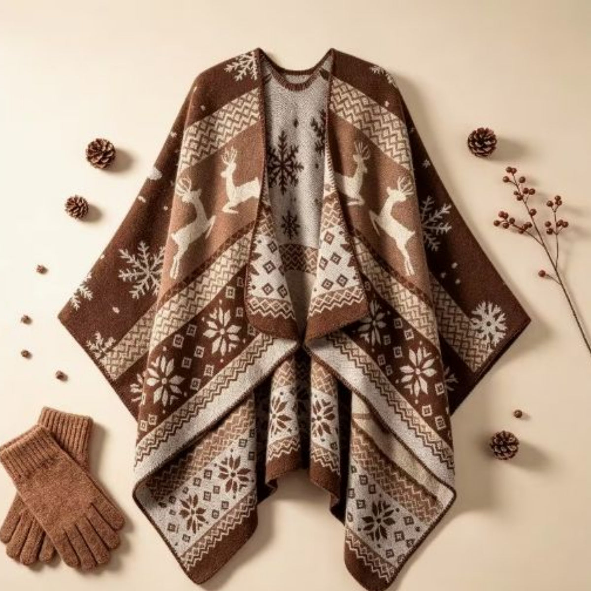 Nordic Reindeer Boho Shawl, Cozy Winter Cape Wrap