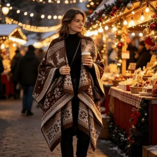 Nordic Reindeer Boho Shawl, Cozy Winter Cape Wrap