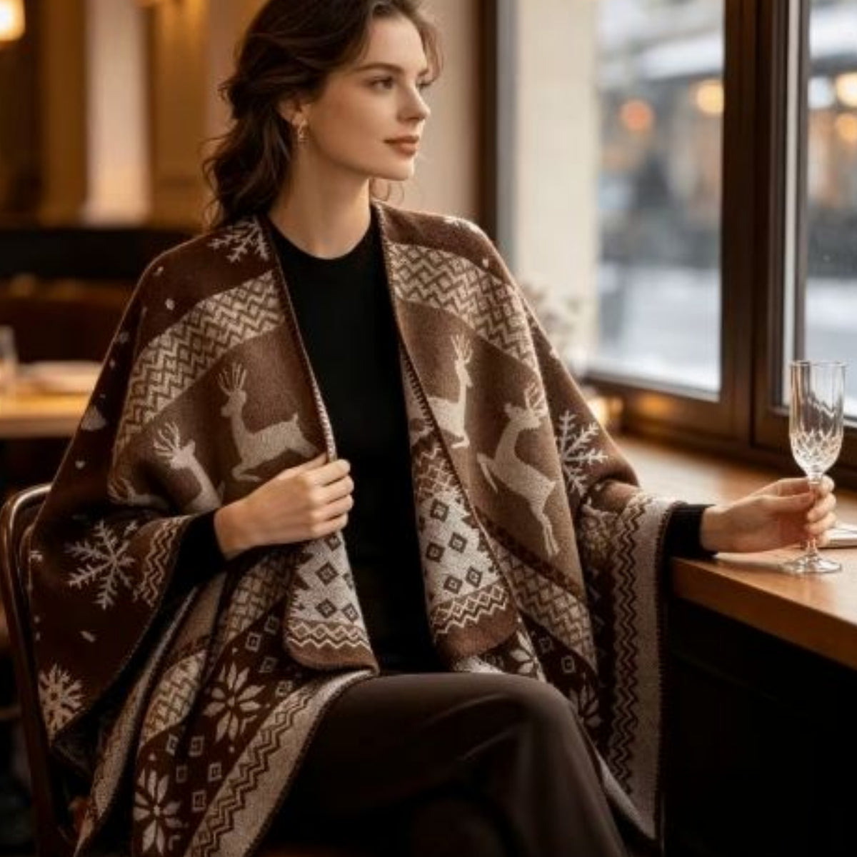 Nordic Reindeer Boho Shawl, Cozy Winter Cape Wrap