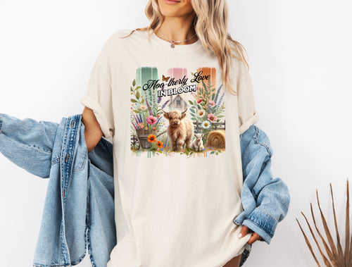 Moo-therly Love TShirt, Adorable Floral Highland Cow Tee, Gift for Spring, Ideal Gift for Farm Life Enthusiasts, Comfort Colors® Tee