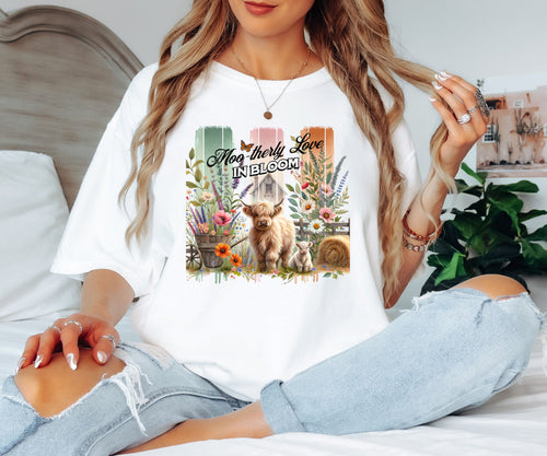 Moo-therly Love TShirt, Adorable Floral Highland Cow Tee, Gift for Spring, Ideal Gift for Farm Life Enthusiasts, Comfort Colors® Tee