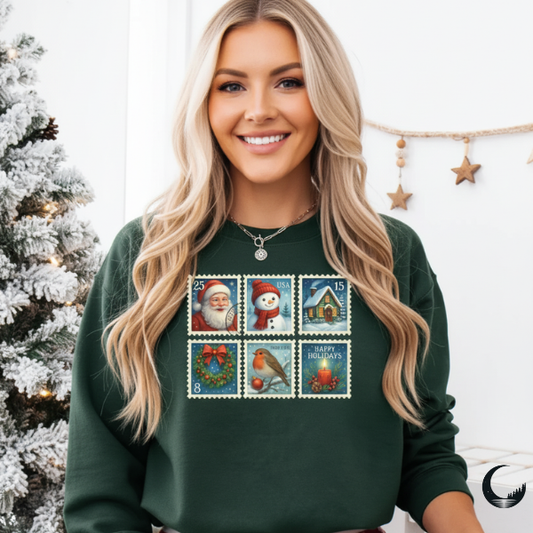 Christmas Postage Stamp Sweatshirt, Vintage Holiday Vibes
