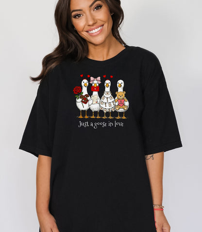 Valentines Geese T-Shirt, Just A Goose In Love, Cute Love Letters & Teddy Bear Design