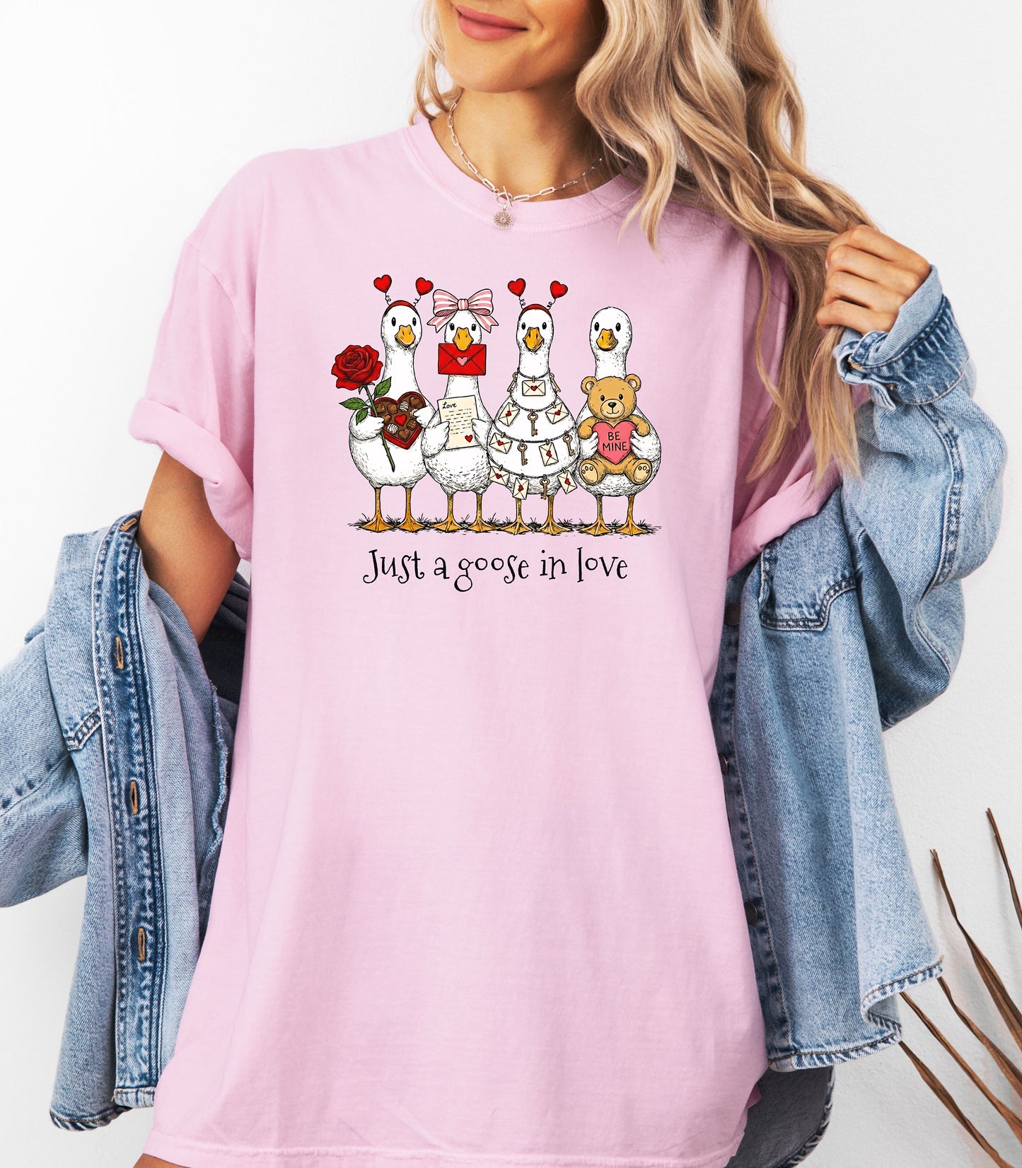 Valentines Geese T-Shirt, Just A Goose In Love, Cute Love Letters & Teddy Bear Design