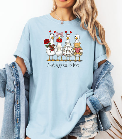 Valentines Geese T-Shirt, Just A Goose In Love, Cute Love Letters & Teddy Bear Design