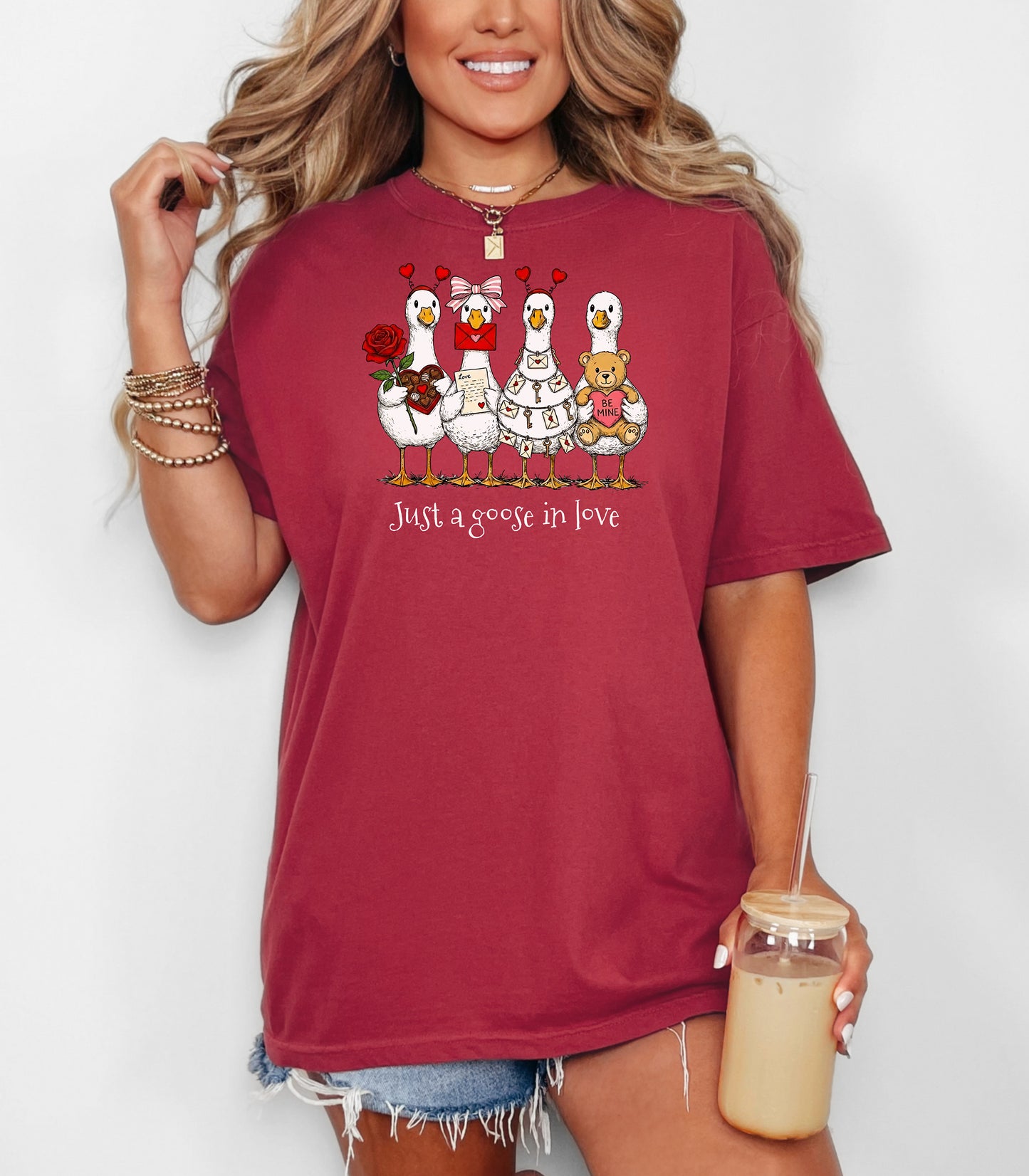 Valentines Geese T-Shirt, Just A Goose In Love, Cute Love Letters & Teddy Bear Design