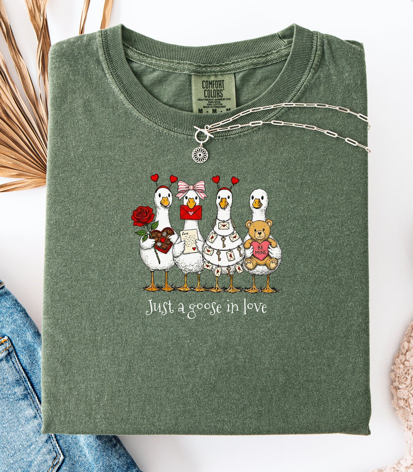 Valentines Geese T-Shirt, Just A Goose In Love, Cute Love Letters & Teddy Bear Design