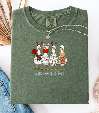 Valentines Geese T-Shirt, Just A Goose In Love, Cute Love Letters & Teddy Bear Design
