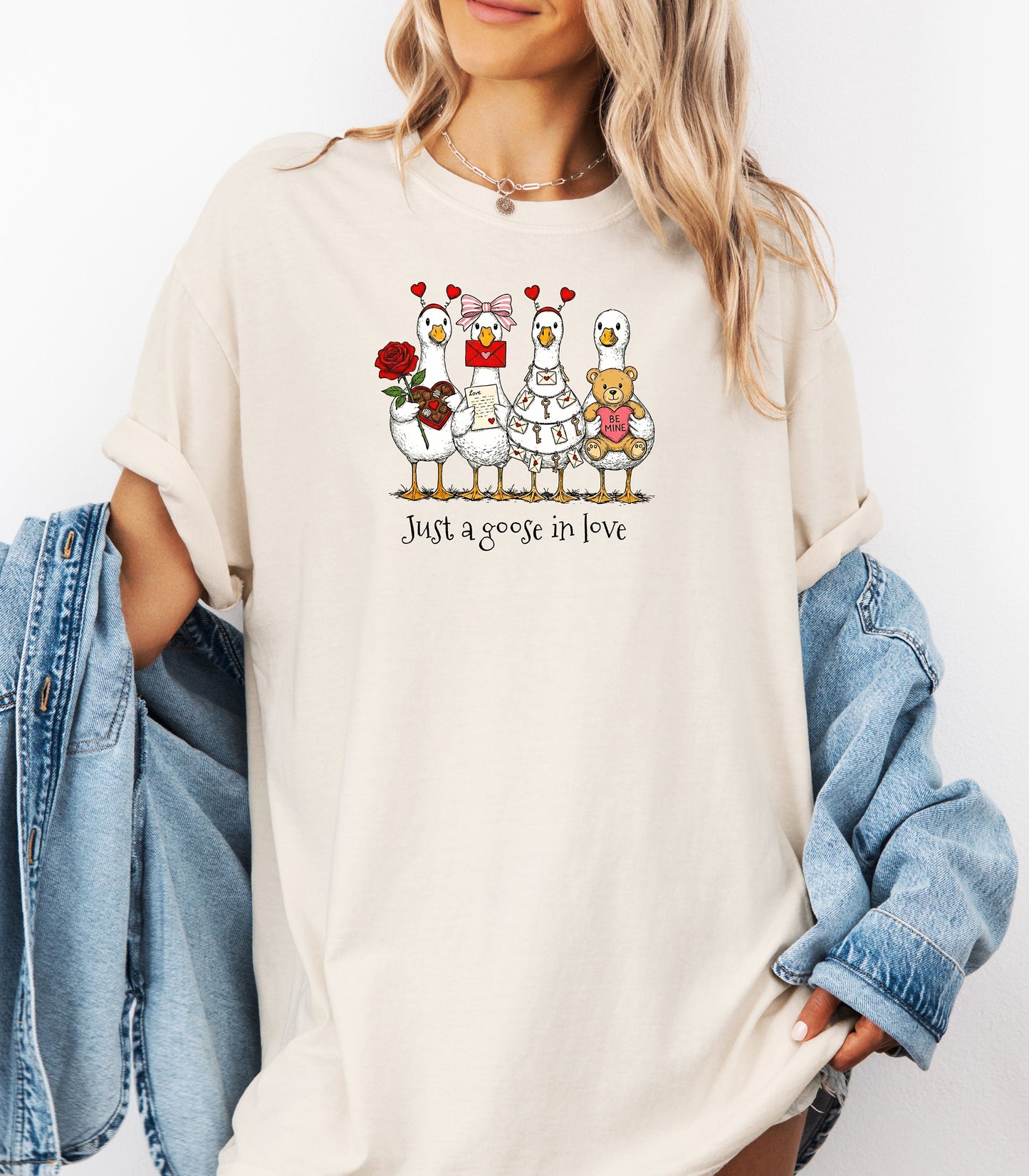 Valentines Geese T-Shirt, Just A Goose In Love, Cute Love Letters & Teddy Bear Design