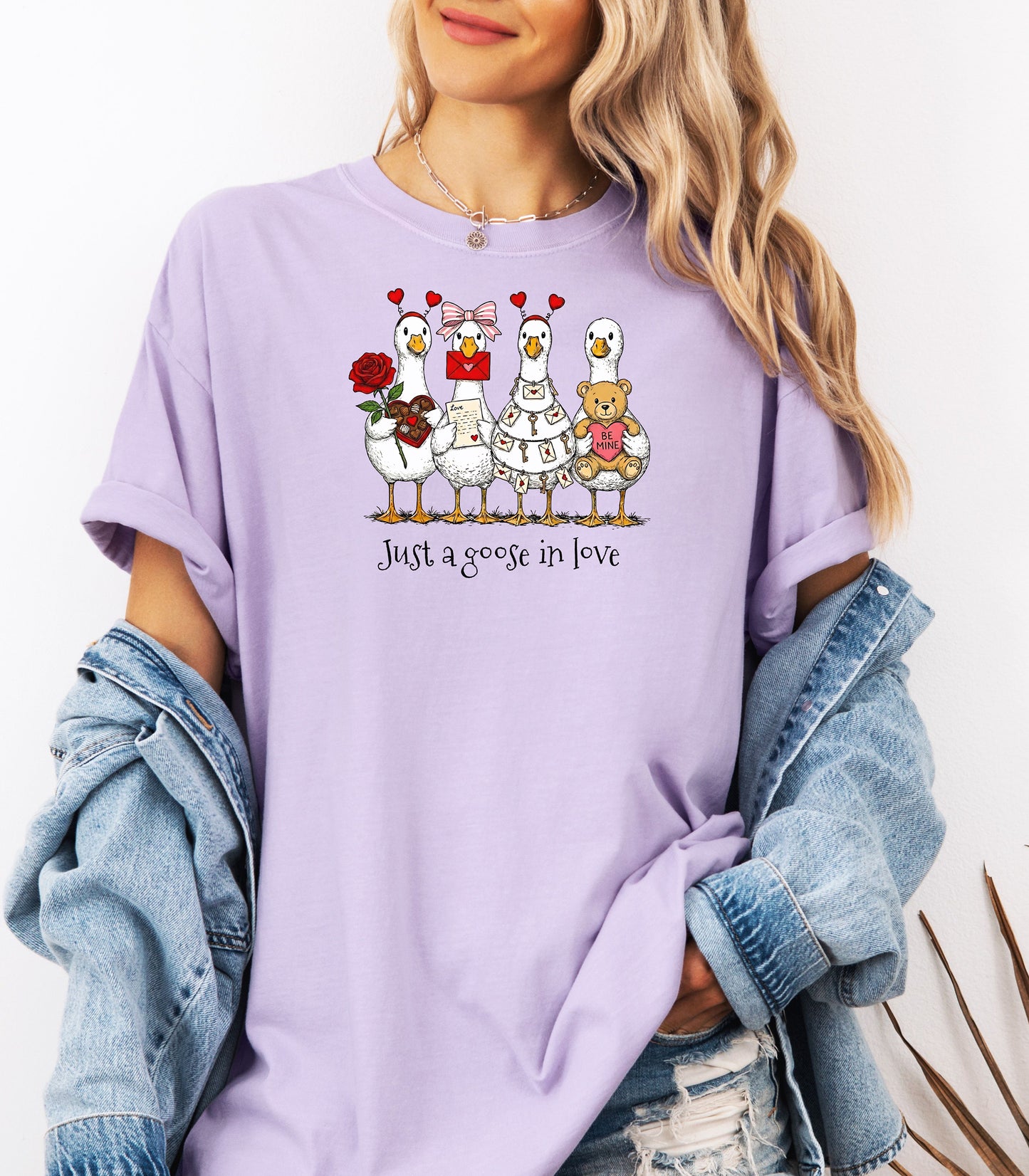 Valentines Geese T-Shirt, Just A Goose In Love, Cute Love Letters & Teddy Bear Design