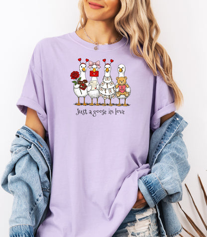 Valentines Geese T-Shirt, Just A Goose In Love, Cute Love Letters & Teddy Bear Design
