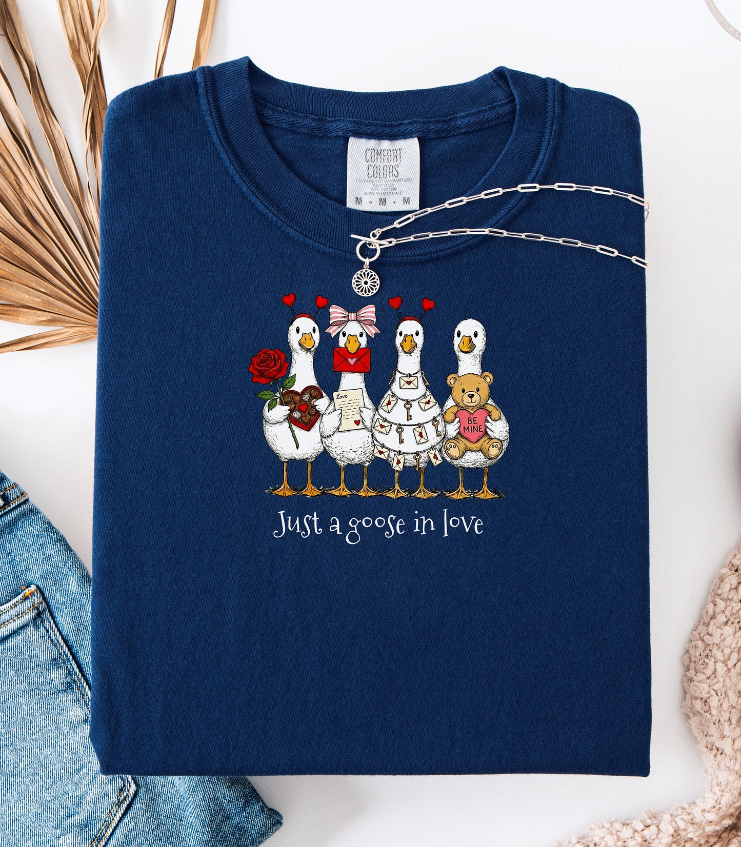 Valentines Geese T-Shirt, Just A Goose In Love, Cute Love Letters & Teddy Bear Design