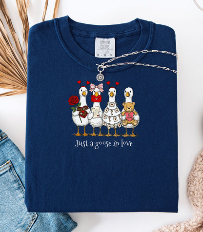 Valentines Geese T-Shirt, Just A Goose In Love, Cute Love Letters & Teddy Bear Design