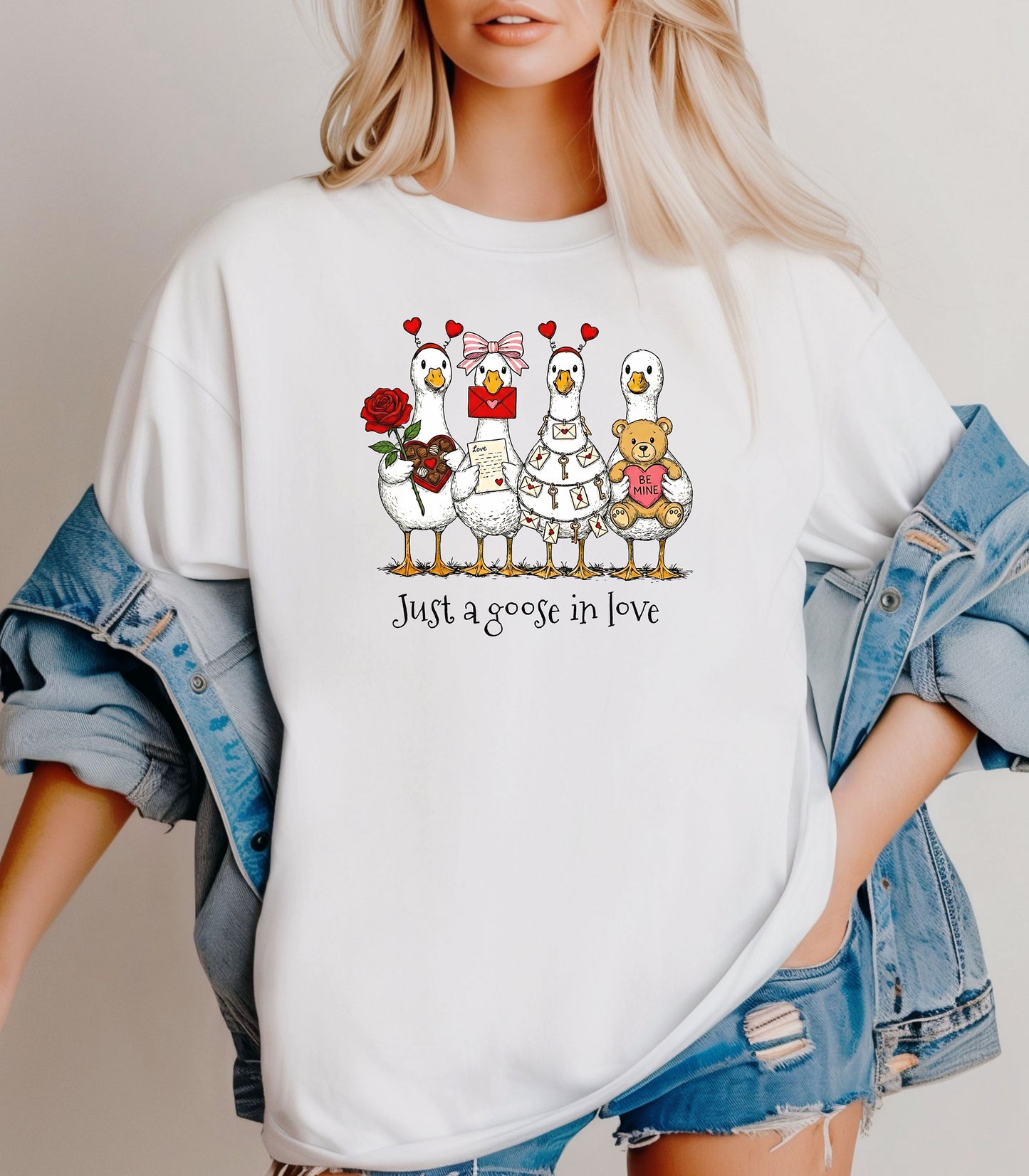 Valentines Geese T-Shirt, Just A Goose In Love, Cute Love Letters & Teddy Bear Design