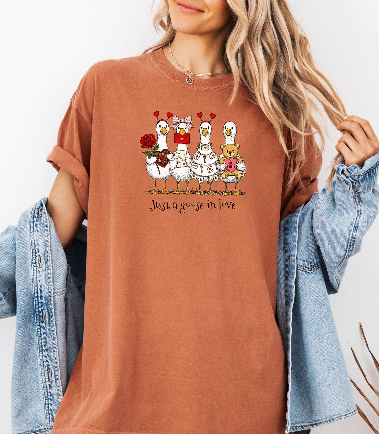 Valentines Geese T-Shirt, Just A Goose In Love, Cute Love Letters & Teddy Bear Design