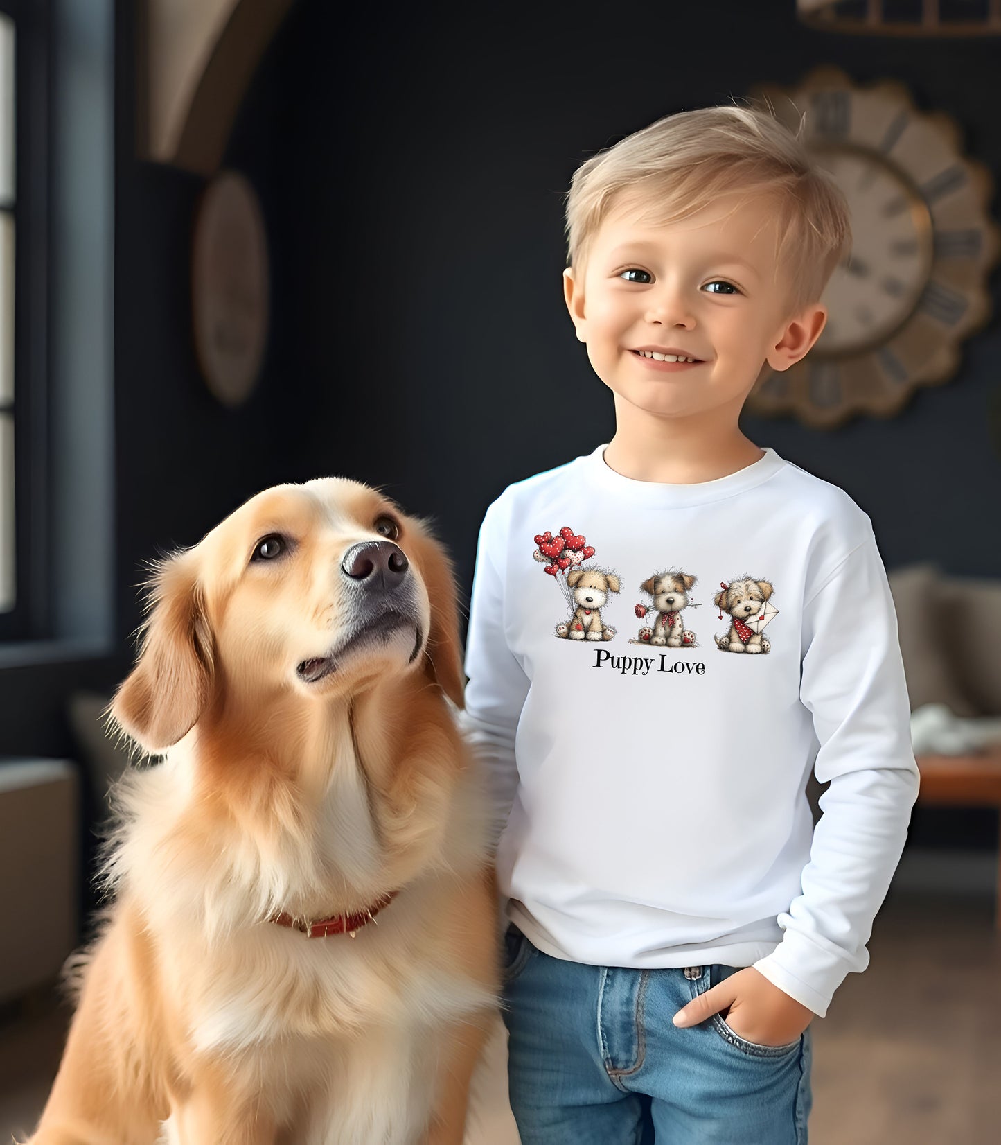 Puppy Love Valentine Toddler T-Shirt, Cute Puppies & Hearts Design