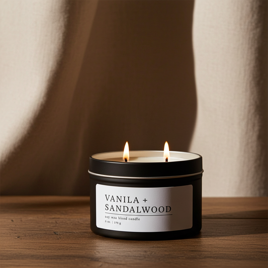 Vanilla and sandalwood soy wax blend candle in a black container on a wooden surface with a neutral background