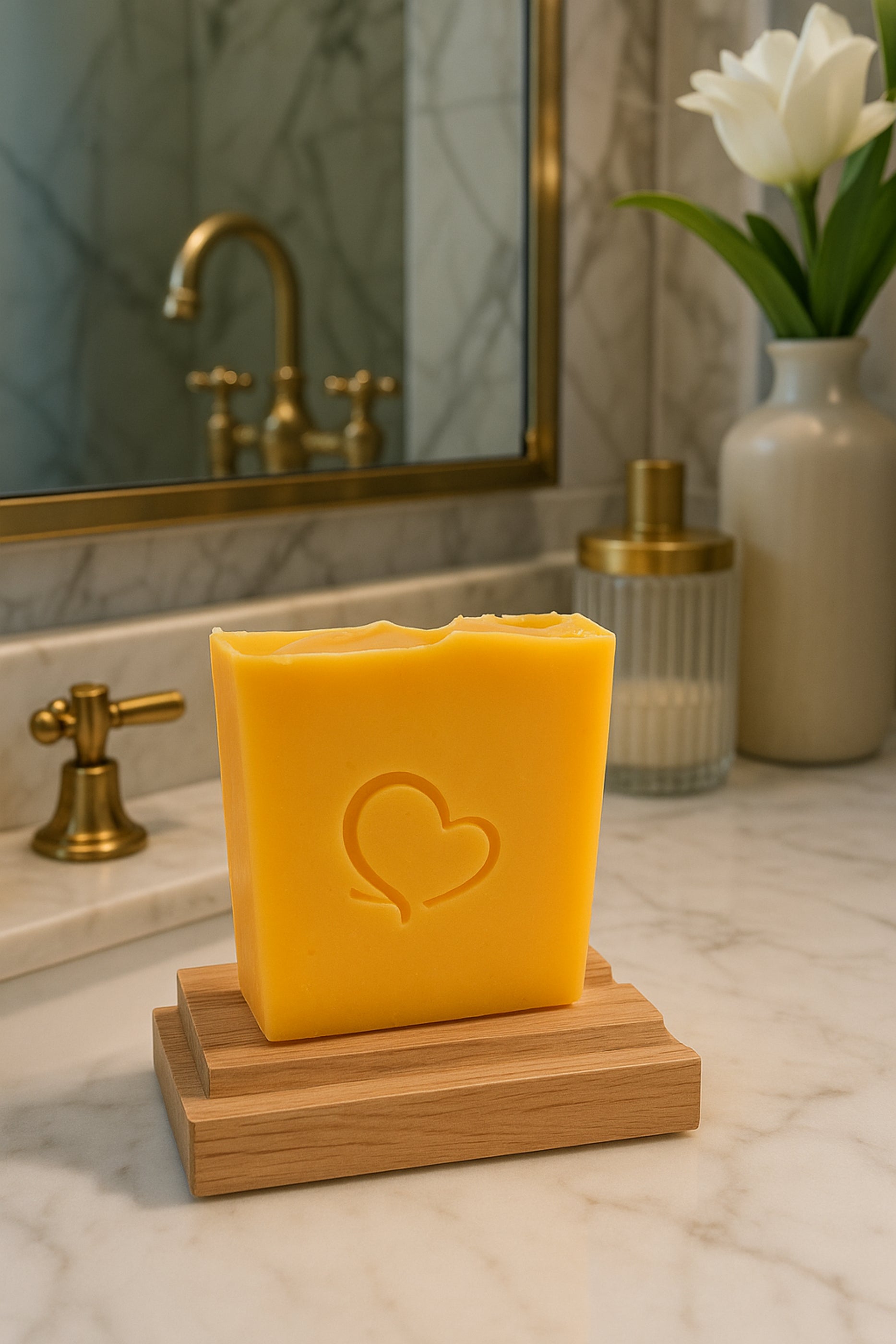 Citrus & Sage cold process soap with a heart imprint, handcrafted with an essential oil blend of orange, tangerine, lemon, pink grapefruit, sage, and cedarwood atlas. Vibrant golden-yellow bar displayed on a wooden soap dish, offering a refreshing, uplifting citrus aroma balanced with herbal and woody notes.