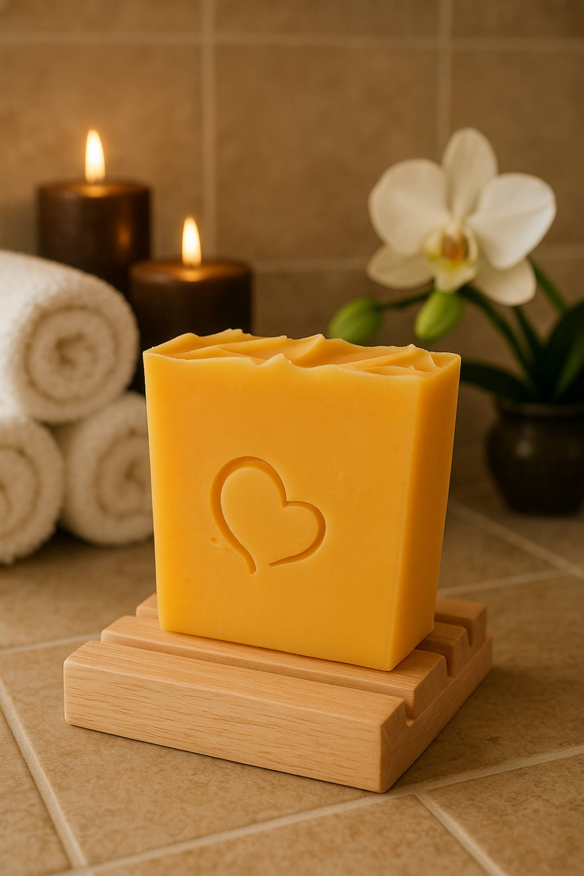 Citrus & Sage cold process soap with a heart imprint, handcrafted with an essential oil blend of orange, tangerine, lemon, pink grapefruit, sage, and cedarwood atlas. Vibrant golden-yellow bar displayed on a wooden soap dish, offering a refreshing, uplifting citrus aroma balanced with herbal and woody notes.