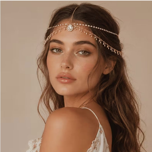 Golden Boho Pendant Headpiece, Water Drop Pendant Head Chain