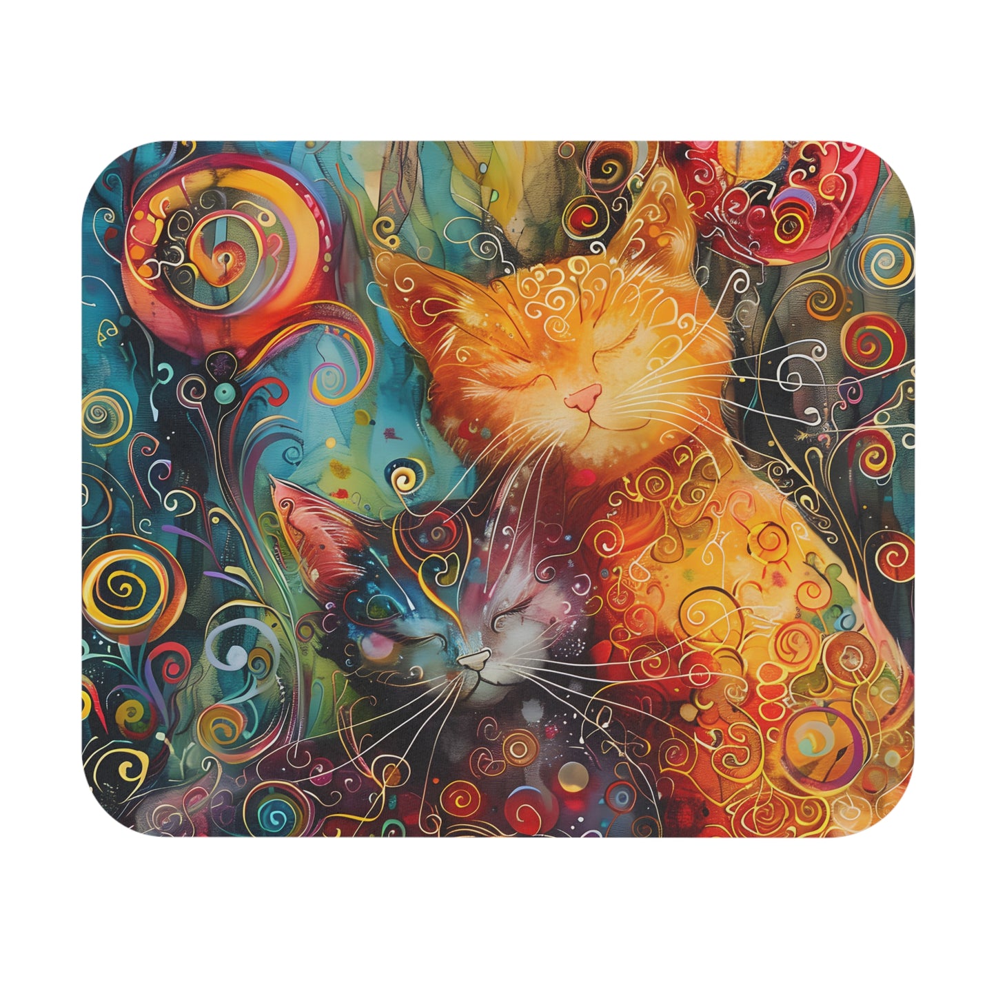 Colorful artwork of a whimsical cats with swirling patterns on a white background