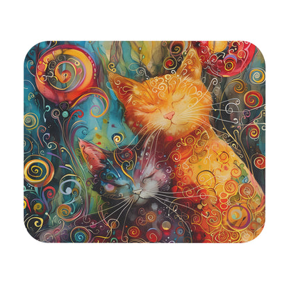 Colorful artwork of a whimsical cats with swirling patterns on a white background